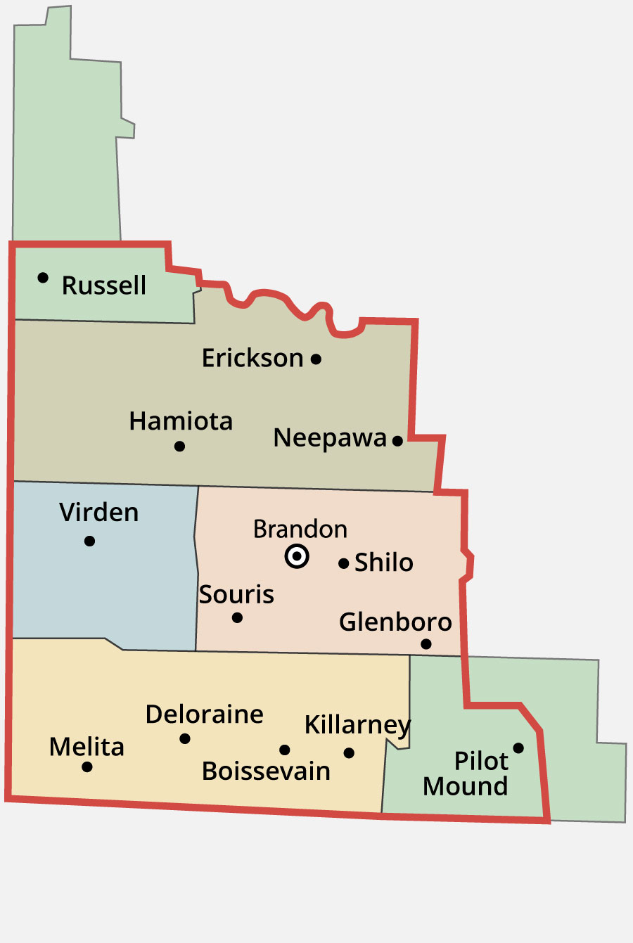 An illustrated map of Western Manitoba with main cities and towns.