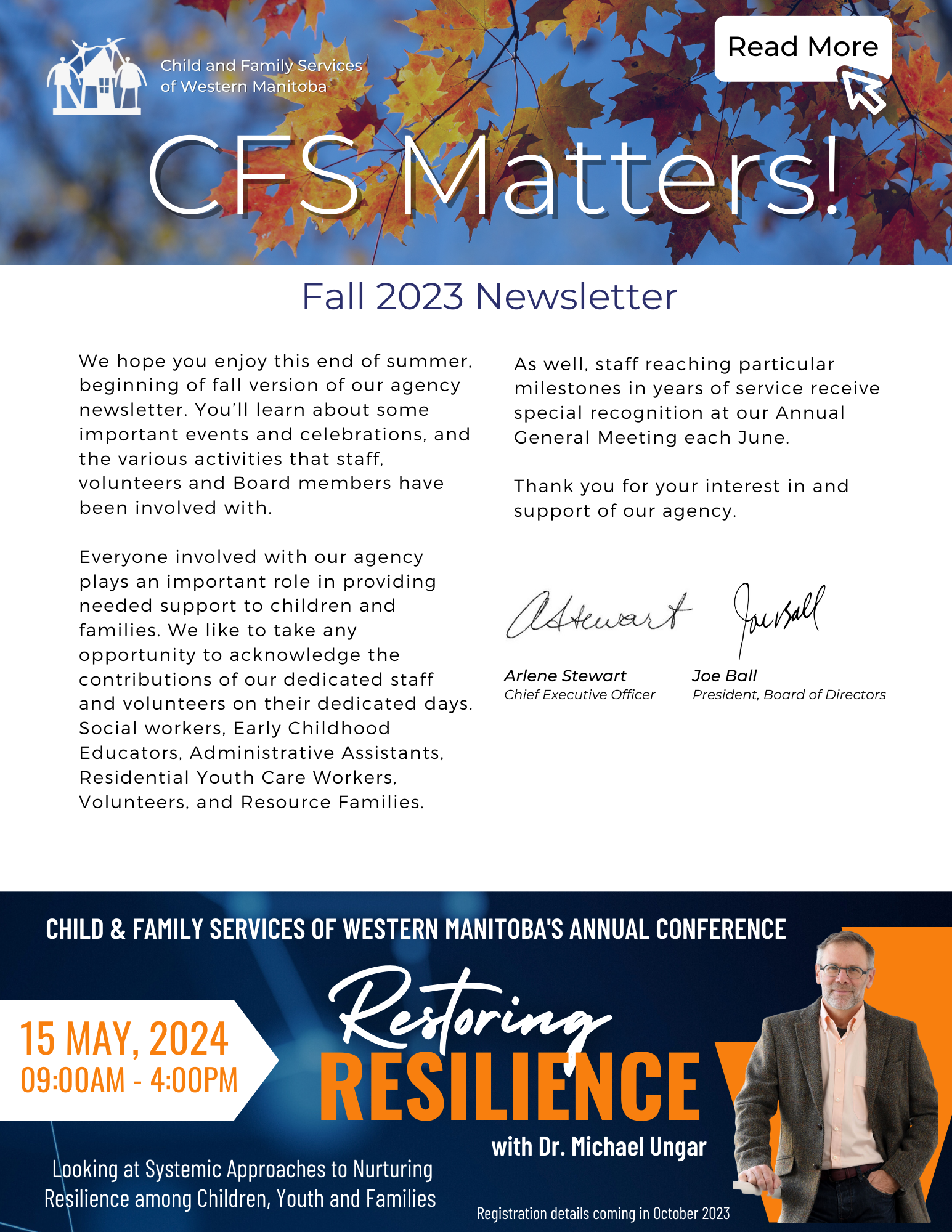 Newsletter cover with welcome message and advert for upcoming spring 2024 annual conference on restoring resilience.