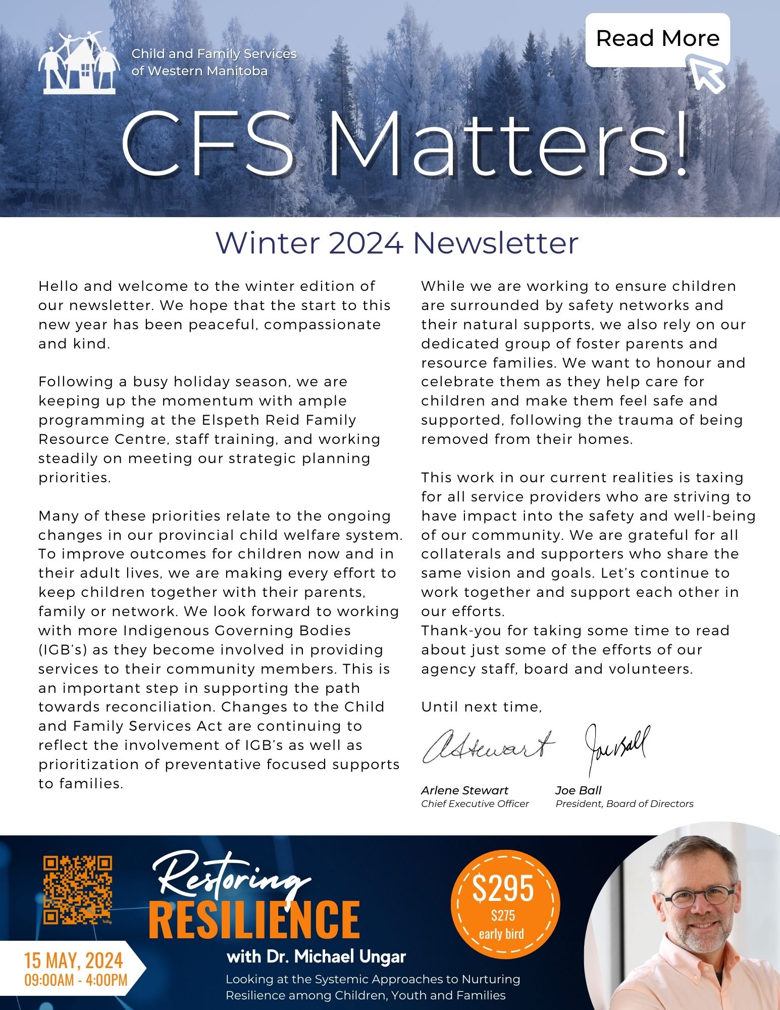 Newsletter cover with welcome message and advert for upcoming spring 2024 annual conference on restoring resilience.